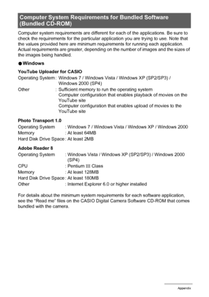 Page 127127Appendix
Computer system requirements are different for each of the applications. Be sure to 
check the requirements for the particular application you are trying to use. Note that 
the values provided here are minimum requirements for running each application. 
Actual requirements are greater, depending on the number of images and the sizes of 
the images being handled.
0Windows
YouTube Uploader for CASIO
Photo Transport 1.0
Adobe Reader 8
For details about the minimum system requirements for each...