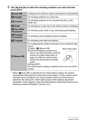 Page 3838Snapshot Tutorial
3.Use [4] and [6] to select the shooting condition you want and then 
press [SET].
• When “‡ Auto WB” is selected for the white balance setting, the camera 
automatically determines the white point of the subject. Certain subject colors 
and light source conditions can cause problems when the camera tries to 
determine the white point, which makes proper white balance adjustment 
impossible. If this happens, select the white balance setting that matches your 
shooting conditions...