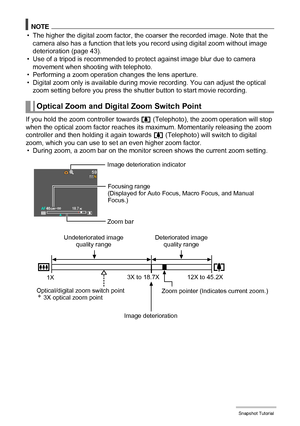 Page 4343Snapshot Tutorial
NOTE
• The higher the digital zoom factor, the coarser the recorded image. Note that the 
camera also has a function that lets you record using digital zoom without image 
deterioration (page 43).
• Use of a tripod is recommended to protect against image blur due to camera 
movement when shooting with telephoto.
• Performing a zoom operation changes the lens aperture.
• Digital zoom only is available during movie recording. You can adjust the optical 
zoom setting before you press the...