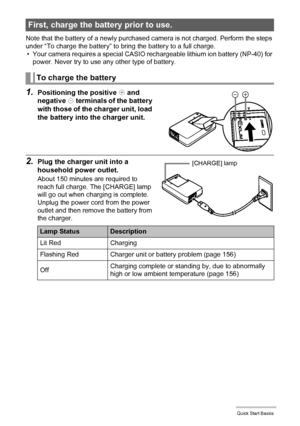 Page 1414Quick Start Basics
Note that the battery of a newly purchased camera is not charged. Perform the steps 
under “To charge the battery” to bring the battery to a full charge.
• Your camera requires a special CASIO rechargeable lithium ion battery (NP-40) for 
power. Never try to use any other type of battery.
1.Positioning the positive +
 and 
negative -
 terminals of the battery 
with those of the charger unit, load 
the battery into the charger unit.
2.Plug the charger unit into a 
household power...