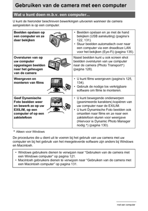 Page 120120Gebruiken van de camera met een computer
Gebruiken van de camera met een computer
U kunt de hieronder beschreven bewerkingen uitvoeren wanneer de camera 
aangesloten is op een computer.
*Alleen voor Windows
De procedures die u dient uit te voeren bij het gebruik van uw camera met uw 
computer en bij het gebruik van het meegeleverde software zijn anders bij Windows 
en Macintosh.
Wat u kunt doen m.b.v. een computer...
Beelden opslaan op 
een computer en ze 
daar bekijken• Beelden opslaan en ze met de...