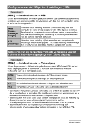 Page 147147Andere instellingen (Instellen)
Procedure
[MENU] * Instellen indextab * USB
U kunt de onderstaande procedure gebruiken om het USB communicatieprotocol te 
selecteren wat gebruikt wordt bij het uitwisselen van data met een computer, printer 
of andere externe apparatuur.
Procedure
[MENU] * Instellen indextab * Video uitgang
U kunt de procedure in dit hoofdstuk gebruiken om ofwel NTSC ofwel PAL als het 
video uitgangssysteem te selecteren. U kunt ook een horizontale:verticale 
verhouding van 4:3 of 16:9...