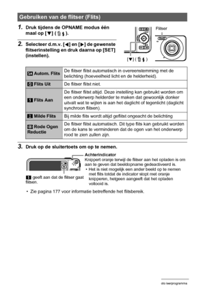 Page 3434Foto leerprogramma
1.Druk tijdens de OPNAME modus één 
maal op [2] ( ).
2.Selecteer d.m.v. [4] en [6] de gewenste 
flitserinstelling en druk daarna op [SET] 
(instellen).
3.Druk op de sluitertoets om op te nemen.
• Zie pagina 177 voor informatie betreffende het flitsbereik.
Gebruiken van de flitser (Flits)
 Autom. FlitsDe flitser flitst automatisch in overeenstemming met de 
belichting (hoeveelheid licht en de helderheid).
 Flits UitDe flitser flitst niet.
 Flits AanDe flitser flitst altijd. Deze...