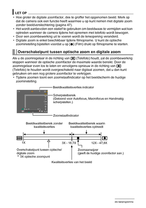 Page 4646Foto leerprogramma
LET OP
• Hoe groter de digitale zoomfactor, des te groffer het opgenomen beeld. Merk op 
dat de camera ook een functie heeft waarmee u op kunt nemen met digitale zoom 
zonder beeldverslechtering (pagina 47).
• Het wordt aanbevolen een statief te gebruiken om beeldwaas te vermijden wat kan 
optreden wanneer de camera tijdens het opnemen met telefoto wordt bewogen.
• Door een zoombewerking uit te voeren wordt de lensopening veranderd.
• Digitale zoom is enkel beschikbaar tijdens...