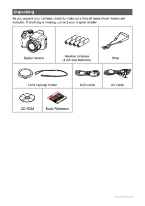 Page 2
2
As you unpack your camera, check to make sure that all items shown below are 
included. If anything is missing,  contact your original retailer.
Unpacking
Digital cameraAlkaline batteries 
(4 AA-size batteries) Strap
Lens cap/cap holder USB cable AV cable
CD-ROM Basic Reference
Downloaded From camera-usermanual.com Casio Manuals 