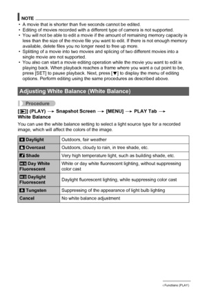 Page 117
117Other Playback Functions (PLAY)
NOTE
• A movie that is shorter than five seconds cannot be edited.
• Editing of movies recorded with a different type of camera is not supported.
• You will not be able to edit a movie if the amount of remaining memory capacity is  less than the size of the movie file you want to edit. If there is not enough memory 
available, delete  files you no longer need to free up more.
• Splitting of a movie into two movies and  splicing of two different movies into a 
single...