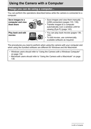 Page 131
131Using the Camera with a Computer
Using the Camera with a Computer
You can perform the operations described below while the camera is connected to a 
computer.
The procedures you need to perform when using the camera with your computer and 
when using the bundled software are different for Windows and the Macintosh.
Things you can do using a computer...
Save images to a 
computer and view 
them there • Save images and view them manually 
(USB connection) (pages 133, 139).
• Transfer images to a...