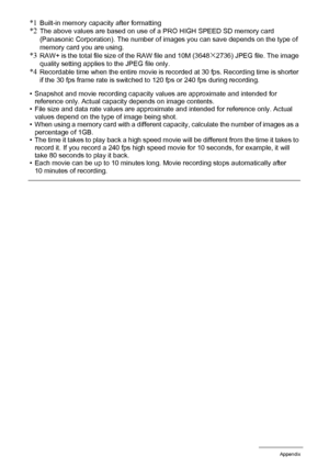 Page 186
186Appendix
*1Built-in memory capacity after formatting*2The above values are based on use of a PRO HIGH SPEED SD memory card 
(Panasonic Corporation). The number of images you can save depends on the type of 
memory card you are using.
*3RAW+ is the total file size of the RAW file and 10M (3648x2736) JPEG file. The image 
quality setting applies to the JPEG file only.
*4Recordable time when the entire movie is recorded at 30 fps. Recording time is shorter 
if the 30 fps frame rate is switched to 120...