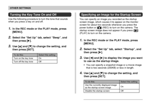 Page 124OTHER SETTINGS
124
Specifying an Image for the Startup Screen
You can specify an image you recorded as the startup
screen image, which causes it to appear on the monitor
screen for about two seconds whenever you press the
power button or [
] (REC) to turn on the camera. The
startup screen image does not appear if you press []
(PLAY) to turn on the camera.
1.In the REC mode or the PLAY mode, press
[MENU].
2.Select the “Set Up” tab, select “Startup”, and
then press [].
3.Use [] and [] to display the...