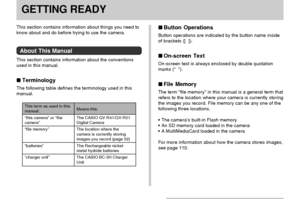 Page 25GETTING READY
25
GETTING READY
This section contains information about things you need to
know about and do before trying to use the camera.
About This Manual
This section contains information about the conventions
used in this manual.
 Terminology
The following table defines the terminology used in this
manual.
 Button Operations
Button operations are indicated by the button name inside
of brackets ([  ]).
 On-screen Text
On-screen text is always enclosed by double quotation
marks (“  ”).
 File...