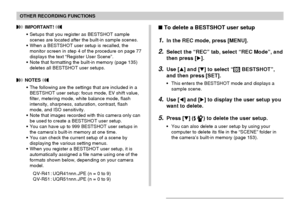 Page 7878
OTHER RECORDING FUNCTIONS
 To delete a BESTSHOT user setup
1.In the REC mode, press [MENU].
2.Select the “REC” tab, select “REC Mode”, and
then press [].
3.Use [] and [] to select “ BESTSHOT”,
and then press [SET].
•This enters the BESTSHOT mode and displays a
sample scene.
4.Use [] and [] to display the user setup you
want to delete.
5.Press [] ( ) to delete the user setup.
•You can also delete a user setup by using your
computer to delete its file in the “SCENE” folder in
the camera’s...