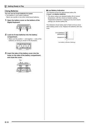 Page 12Getting Ready to Play
E-10
You can use six D-size batteries for power.
 Use alkaline or zinc-carbon batteries. 
Never use oxyride or any other nickel based batteries.
1.Open the battery cover on the bottom of the 
Digital Keyboard.
2.Load six D-size batteries into the battery 
compartment.
 Make sure the positive + and negative - ends of the 
batteries are facing as shown in the illustration.
3.Insert the tabs of the battery cover into the 
holes on the side of the battery compartment, 
and close the...