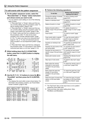 Page 112Using the Pattern Sequencer
E-110
1.On the pattern sequencer screen, select the 
“Recorded Data” or “Empty” status instrument 
part whose events you want to edit.
 You can perform event editing on one of the following 
types of parts.
2.While holding down the R-13 (FUNCTION) 
button, press the C-4 (EDIT) button to display 
the edit menu.
3.Use the R-17 (t, y) buttons to move the 0 to 
“EventEdit” and then press the R-16 (ENTER) 
button.
 This displays the event editor screen shown below. For 
information...