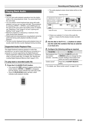 Page 123Recording and Playing Audio
E-121
 You can start audio playback operations from the rhythm 
mode or the song sequencer mode. You cannot start from 
the card mode.
 You can perform normal keyboard play along with audio 
playback, and you can use layer and split. The procedures 
for selecting UPPER 1, UPPER 2, and LOWER parts are 
the same as the ones used in the rhythm mode. For details, 
see “Selecting a Tone” (page E-14) and “Layering and 
Splitting Tones” (page E-15).
 Maximum polyphony is reduced by a...