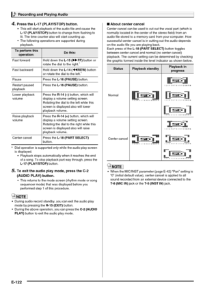 Page 124Recording and Playing Audio
E-122
4.Press the L-17 (PLAY/STOP) button.
 This will start playback of the audio file and cause the 
L-17 (PLAY/STOP) button to change from flashing to 
lit. The time counter also will start counting up.
 The following operations are supported during 
playback.
*Dial operation is supported only while the audio play screen 
is displayed.
 Playback stops automatically when it reaches the end 
of a song. To stop playback part way through, press the 
L-17 (PLAY/STOP) button.
5.To...