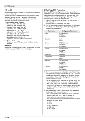 Page 156Reference
E-154
14: Lo-Fi
Applies various types of noise to the input signal to reproduce 
a retro Lo-Fi sound.
Includes wow and flutter for rotational fluctuation like that in 
tapes and records, a Noise 1 generator that generates 
continual FM radio type, and a Noise 2 generator that 
generates record play types scratch noise.
Parameters and Value Ranges:
1 : Wow and Flutter Rate
 (0 to 127)
Adjusts the wow and flutter rate.
2 : Wow and Flutter Depth
 (0 to 127)
Adjusts the wow and flutter depth.
3 :...