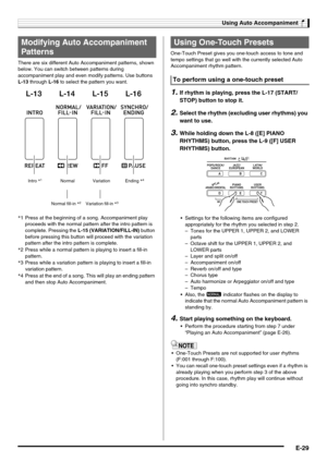 Page 31Using Auto Accompaniment
E-29
There are six different Auto Accompaniment patterns, shown 
below. You can switch between patterns during 
accompaniment play and even modify patterns. Use buttons 
L-13 through L-16 to select the pattern you want.One-Touch Preset gives you one-touch access to tone and 
tempo settings that go well with the currently selected Auto 
Accompaniment rhythm pattern.
1.If rhythm is playing, press the L-17 (START/
STOP) button to stop it.
2.Select the rhythm (excluding user rhythms)...