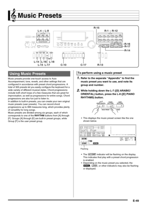 Page 51E-49
Music Presets
Music presets provide one-touch access to Auto 
Accompaniment, tone, reverb, and other settings that are 
configured in accordance with preset chord progressions. A 
total of 305 presets let you easily configure the keyboard for a 
wide variety of different musical styles. Chord progressions 
include both short loops of a few measures that are great for 
improvisation, as well as progressions for entire songs. Chord 
progressions are also fun just to listen to.
In addition to built-in...