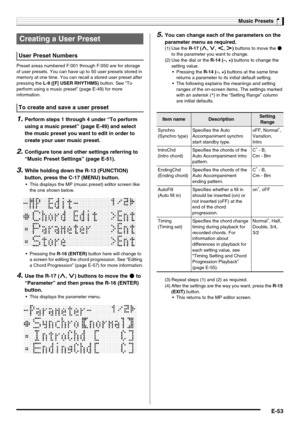 Page 55Music Presets
E-53
Preset areas numbered F:001 through F:050 are for storage 
of user presets. You can have up to 50 user presets stored in 
memory at one time. You can recall a stored user preset after 
pressing the L-9 ([F] USER RHYTHMS) button. See “To 
perform using a music preset” (page E-49) for more 
information.
1.Perform steps 1 through 4 under “To perform 
using a music preset” (page E-49) and select 
the music preset you want to edit in order to 
create your user music preset.
2.Configure tone...