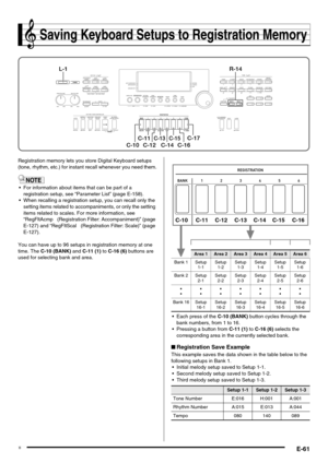 Page 63E-61
Saving Keyboard Setups to Registration Memory
Registration memory lets you store Digital Keyboard setups 
(tone, rhythm, etc.) for instant recall whenever you need them.
 For information about items that can be part of a 
registration setup, see “Parameter List” (page E-158).
 When recalling a registration setup, you can recall only the 
setting items related to accompaniments, or only the setting 
items related to scales. For more information, see 
“RegFltAcmp  (Registration Filter: Accompaniment)”...