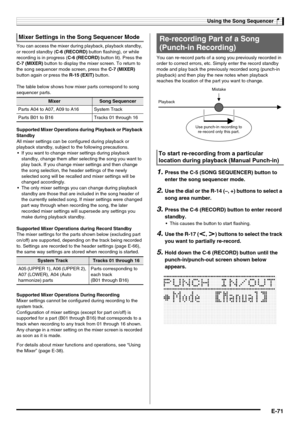 Page 73Using the Song Sequencer
E-71
You can access the mixer during playback, playback standby, 
or record standby (C-6 (RECORD) button flashing), or while 
recording is in progress (C-6 (RECORD) button lit). Press the 
C-7 (MIXER) button to display the mixer screen. To return to 
the song sequencer mode screen, press the C-7 (MIXER) 
button again or press the R-15 (EXIT) button.
The table below shows how mixer parts correspond to song 
sequencer parts.
Supported Mixer Operations during Playback or Playback...