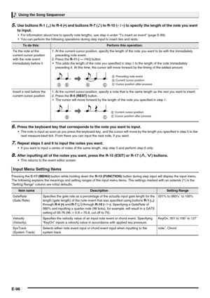 Page 98Using the Song Sequencer
E-96
5.Use buttons R-1 (56) to R-10 (,) to specify the length of the note you want 
to input.
 For information about how to specify note lengths, see step 4 under “To insert an event” (page E-89).
 You can perform the following operations during step input to insert ties and rests.
6.Press the keyboard key that corresponds to the note you want to input.
 The note is input as soon as you press the keyboard key, and the cursor will move by the length you specified in step 5 to the...