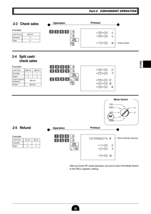 Page 2725
Part-2
2-3 Check sales
Example:
Printout
Operation
Part-2 CONVENIENT OPERATION
Unit Price $35.00
Quantity 2
Dept. 4
2-4 Split cash/
check sales
Example:
Unit Price $30.00 $25.00
Quantity 1 1
Depts. 2 3
Cash amount
$20.00
tendered
Check $35.00
Mode Switch
2-5 Refund
CAL
REG
OFF
RF
PGMX
ZRF
Printout
Operation
Z??s
X??d
o
p
After you finish RF mode operation, be sure to return the Mode Switch
to the REG (register) setting. Example
Unit Price $1.00 $2.00
Quantity 1 1
Dept. 2 3
CB??f
f
o
m
C???s
XB??d
o...