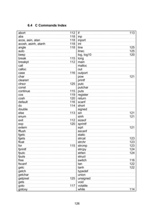 Page 126  126  6.4 C Commands Index  abort 112 if 113 abs 118 inp  acos, asin, atan 118 inport  acosh, asinh, atanh 118 int  angle 118 line 125 auto  linec 125 beep  log, log10 120 break 115 long  breakpt 112 main  call  malloc  calloc  out  case 116 outport  char  pow 121 clearerr  printf  clrscr 125 putc  const  putchar  continue 115 puts  cos 119 register  cosh 120 return  default 116 scanf  do 114 short  double  signed  else 113 sin 121 enum  sinh 121 exit 112 sizeof  exp 120 sprintf  extern  sqrt 121 fflush...