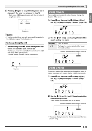 Page 17English
Controlling the Keyboard Sounds
E-15
5.Pressing cp again to unsplit the keyboard (so it 
plays only the tone you selected in step 1).
 Each press of cp toggles between split (two tones) and 
unsplit (one tone).
 If you turn on both layer and split, layering will be applied to 
the right side range of the keyboard only.
1.While holding down cp, press the keyboard key 
where you want the split point to be.
The key you press will become the lowest note of the right 
side range of the split...