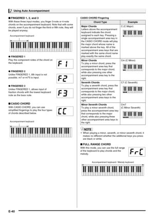 Page 42Using Auto Accompaniment
E-40
■FINGERED 1, 2, and 3
With these three input modes, you finger 3-note or 4-note 
chords on the accompaniment keyboard. Note that with some 
chords, even if you do not finger the third or fifth note, they will 
be played anyway.
●FINGERED 1
Play the component notes of the chord on 
the keyboard.
●FINGERED 2
Unlike FINGERED 1, 6th input is not 
possible. m7 or m7
b5 is input.
●FINGERED 3
Unlike FINGERED 1, allows input of 
fraction chords with the lowest keyboard 
note as the...