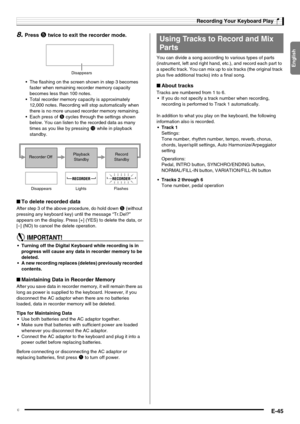 Page 47English
Recording Your Keyboard Play
E-45
8.Press 5 twice to exit the recorder mode.
 The flashing on the screen shown in step 3 becomes 
faster when remaining recorder memory capacity 
becomes less than 100 notes.
 Total recorder memory capacity is approximately 
12,000 notes. Recording will stop automatically when 
there is no more unused recorder memory remaining.
 Each press of 
5 cycles through the settings shown 
below. You can listen to the recorded data as many 
times as you like by pressing...