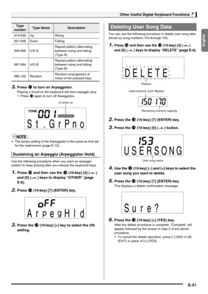 Page 53English
Other Useful Digital Keyboard Functions
E-51
3.Press cr to turn on Arpeggiator.
Playing a chord on the keyboard will start arpeggio play.
Press 
cr again to turn off Arpeggiator.
 The tempo setting of the Arpeggiator is the same as that set 
for the metronome (page E-12).
Use the following procedure when you want an arpeggio 
pattern to keep playing after you release the keyboard keys.
1.Press ct and then use the bs (10-key) [4] ( ) 
and [6] ( ) keys to display “OTHER” (page 
E-6).
2.Press bs...