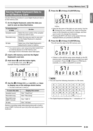 Page 57English
Using a Memory Card
E-55
Use the following procedure to save Digital Keyboard data to 
an SD memory card.
1.On the Digital Keyboard, select the data you 
want to save as described below.
 You cannot save a user song (song data loaded from 
an external device) to an SD memory card.
 See page E-53 for information about data types.
2.Insert a SD memory card into the Digital 
Keyboard’s card slot.
3.Hold down dk until the button lights.
 To cancel data save, press dk again.
Example:Saving a...