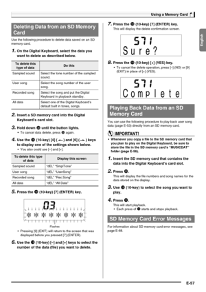 Page 59English
Using a Memory Card
E-57
Use the following procedure to delete data saved on an SD 
memory card.
1.On the Digital Keyboard, select the data you 
want to delete as described below.
2.Insert a SD memory card into the Digital 
Keyboard’s card slot.
3.Hold down dk until the button lights.
 To cancel data delete, press dk again.
4.Use the bs (10-key) [4] ( ) and [6] ( ) keys 
to display one of the settings shown below.
 You also could use [–] and [+].
5.Press the bs (10-key) [7] (ENTER) key.
...