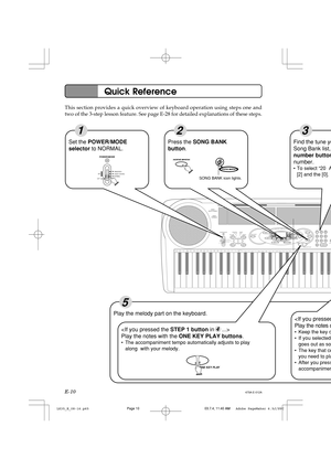 Page 12E-10
POWER/MODE
VOLUMEFILL-IN SYNCHRO/
STOP
FINGERED
CASIO CHORD
NORMAL ON
OFF
START/TEMPOKEY LIGHT
ONE KEY PLAYNUMBER
STEP0 1 4
7
2 5
8
3 6
9
5
4
12
Set the POWER/MODE 
selector to NORMAL.
Play the melody part on the keyboard.

Play the notes with the ONE KEY PLAY buttons.
•The accompaniment tempo automatically adjusts to play
along
 with your melody.
