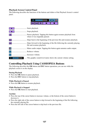 Page 127127
Playback Screen Control Panel
The following describes the functions of the buttons and sliders of the Playback Screen’s control
panel.
.......................... Starts playback.
.......................... Stops playback.
................................ Pauses playback. Tapping this button again resumes playback from
where it was originally paused.
................................ Skips back to the beginning of the previous file and resumes playback.
................................ Skips forward to...