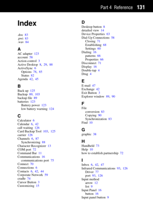 Page 139Part 4 Reference131
Index
.doc  83
.pwi  83
.wav  84
A
AC adapter  123
account  58
Action control  3
Active Desktop  8,29,88
ActiveSync  6
Options  78,85
Status  82
Agenda  42,45
B
Back up  125
Backup  89, 103
backup file  89
batteries  123
Battery power  123
low battery warning  124
C
Calculator  6
Calendar  6,42
call waiting  126
Card Backup Tool  103,125
carrier  126
Channels  6,87
Synchronizing  88
Character Recognizer  13
COM port  72
Command Bar  11
Communications  16
communications port  75...