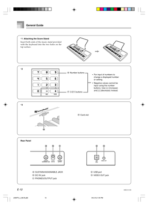 Page 12E-10
General Guide
*2
Rear Panel
ijk
i
SUSTAIN/ASSIGNABLE JACK
j
DC 9V jack
k
PHONES/OUTPUT jack
649A-E-012A
f
Number buttons
g
[+]
/[–]
 buttons•For input of numbers to
change a displayed number
or setting.
•Negative values cannot be
input using the number
buttons. Use [+] (increase)
and [–] (decrease) instead.
h
Card slot
h
l
USB port
m
VIDEO OUT jack
*3
lm
*1 Attaching the Score Stand
Insert both ends of the music stand provided
with the keyboard into the two holes on the
top surface....