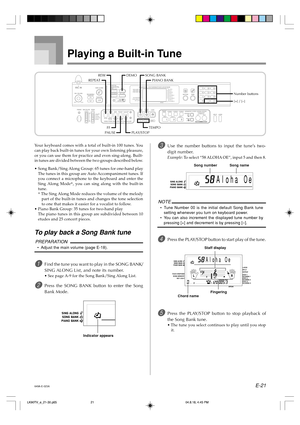 Page 23E-21
Playing a Built-in Tune
Your keyboard comes with a total of built-in 100 tunes. You
can play back built-in tunes for your own listening pleasure,
or you can use them for practice and even sing-along. Built-
in tunes are divided between the two groups described below.
•Song Bank/Sing Along Group: 65 tunes for one-hand play
The tunes in this group are Auto Accompaniment tunes. If
you connect a microphone to the keyboard and enter the
Sing Along Mode*, you can sing along with the built-in
tune.
* The...