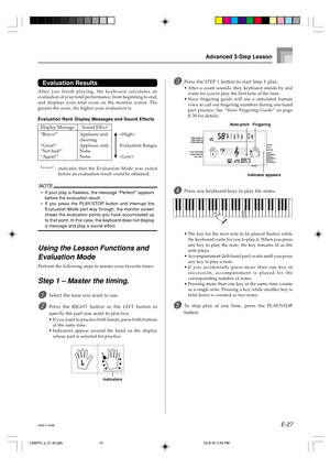 Page 29E-27
Indicators
Advanced 3-Step Lesson
Al ohaOe
Fingering
Indicator appears Note pitch
“****” : indicates that the Evaluation Mode was exited
before an evaluation result could be obtained.
NOTE
•If your play is flawless, the message “Perfect!” appears
before the evaluation result.
•If you press the PLAY/STOP button and interrupt the
Evaluation Mode part way through, the monitor screen
shows the evaluation points you have accumulated up
to that point. In this case, the keyboard does not display
a message...