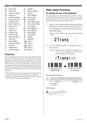 Page 18E-16
Other Useful Functions
To change the key of the keyboard
The transpose feature of this keyboard lets you raise or lower
its key in semitone increments. This means you can easily
match to suit someone’s voice, and you can eliminate sharps
and flats from music making it easier to play.
1.While in any mode besides the Song Bank Mode
(indicated when the SONG BANK indicator is
lit), hold down the TONE button and press the
RHYTHM button.
•Perform step 2 within five seconds after performing
step 1.
2.Use...