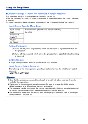 Page 3737
Using the Setup Menu
Detailed Settings 
J Power On Password, Change Password
This sub-menu lets you turn the power on password on and off.
While the password is turned on, projector operation is impossible unless the correct password 
is entered. 
For more information about the power on password, see “Password Feature” on page 52.
Input Source Specific Menu Items 
Setting Explanation
On: Turns on the power on password, which requires input of a password to turn on 
the projector.
Off: Turns off the...