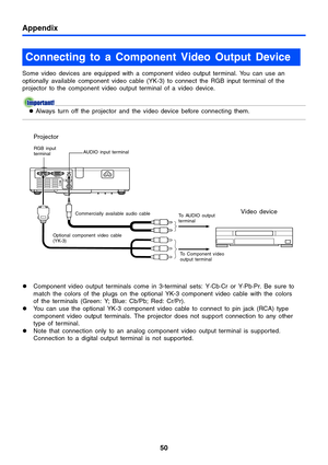 Page 50Appendix
50
Some video devices are equipped with a component video output terminal. You can use an 
optionally available component video cable (YK-3) to connect the RGB input terminal of the 
projector to the component video output terminal of a video device.
zAlways turn off the projector and the video device before connecting them.
zComponent video output terminals come in 3-terminal sets: Y·Cb·Cr or Y·Pb·Pr. Be sure to 
match the colors of the plugs on the optional YK-3 component video cable with the...