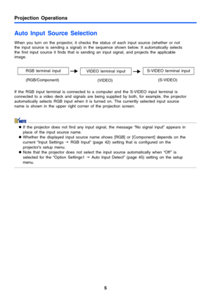 Page 5Projection Operations
5
Auto Input Source Selection 
When you turn on the projector, it checks the status of each input source (whether or not 
the input source is sending a signal) in the sequence shown below. It automatically selects 
the first input source it finds that is sending an input signal, and projects the applicable 
image.
If the RGB input terminal is connected to a computer and the S-VIDEO input terminal is 
connected to a video deck and signals are being supplied by both, for example, the...