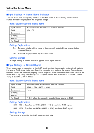 Page 4444
Using the Setup Menu
Input Settings 
J Signal Name Indicator
This sub-menu lets you specify whether or not the name of the currently selected input 
source should be displayed in the projected image.
Input Source Specific Menu Items
Setting Explanations
On: Turns on display of the name of the currently selected input source in the 
projected image. 
Off: Turns off display of the input source name.
Setting Storage 
A single setting is stored, which is applied to all input sources.
Input Settings 
J...