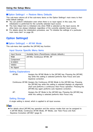 Page 59Using the Setup Menu
59
Option Settings1 
J Restore Menu Defaults
This sub-menu returns all of the sub-menu items on the Option Settings1 main menu to their 
initial default settings.
zYou can perform initialization even when there is no input signal. In this case, the 
initialization is performed for the currently selected input source.
zThe Auto Adjust item is initialized only when RGB is selected as the input source. All 
other items are always initialized, regardless of the currently selected input...