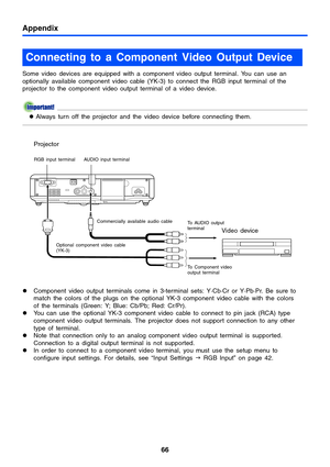 Page 6666
Appendix
Some video devices are equipped with a component video output terminal. You can use an 
optionally available component video cable (YK-3) to connect the RGB input terminal of the 
projector to the component video output terminal of a video device.
zAlways turn off the projector and the video device before connecting them.
zComponent video output terminals come in 3-terminal sets: Y·Cb·Cr or Y·Pb·Pr. Be sure to 
match the colors of the plugs on the optional YK-3 component video cable with the...