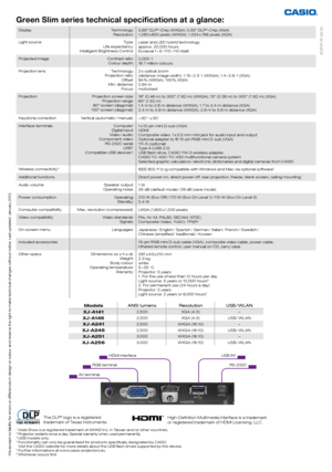 Page 2Green Slim series technical specifications at a glance:
812PVP-KF-GS-EU
USB IN3 
HDMI interface
RGB terminal 
AV terminal  RS-232C
Models
ANSI lumens
ResolutionUSB / WLAN
XJ-A141
2,500 XGA (4:3) –
XJ-A1462,500XGA (4:3) USB / WL AN
XJ-A2412,500 W XGA (16:10) –
XJ-A2462,500W XGA (16:10) USB / WL AN
XJ-A2513,000 W XGA (16:10) –
XJ-A2563,000W XGA (16:10) USB / WL AN
Display Technology:
Resolution: 0,65" DLP®-Chip (WXGA); 0,55" DLP®-Chip (XGA)
1,280  x 800 pixels (WXGA); 1,024  x 768 pixels (XGA)...