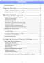 Page 33
Contents
About this manual... ...............................................................................4
Projector Overview ......................................................... 5
Projector Features and Main Functions .................................................5
Remote Controller and Projector Keys...................................................7
Operation During Projection .......................................... 9
Image Operations During Projection...