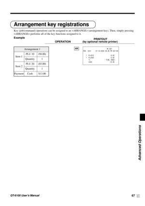 Page 67Advanced Operations
QT-6100 User’s Manual67E
Arrangement key registrations
Key (job/command) operations can be assigned to an  (arrangement key). Then, simply pressing
 performs all of the key functions assigned to it.
Example  
PRINTOUT
OPERATION (by optional remote printer)
A                           MC #01
REG  C01     31-10-2004 04:45 PM 001130
   1  PLU010 •8.00
   1  PLU020 •5.00
      TL
•13.00      CASH •13.00
Arrangement 1
—————————————
PLU 10 ($8.00)
Item 1——————————
Quantity 1
—————————————...